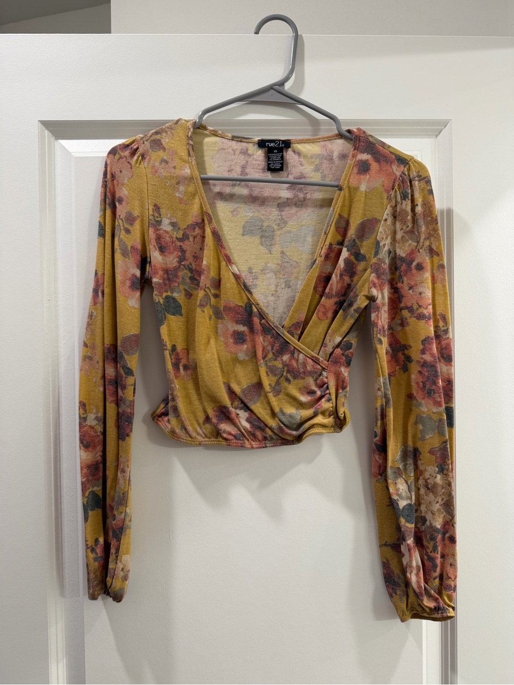 Rue21 Mustard Floral Wrap Crop Top with Long Sleeves